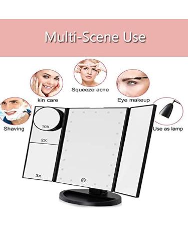 Trifold Makeup Mirror with Lights 1X/2X/3X/10X Magnification, Touch Screen, Dual Power Supply - Portable LED Vanity Mirror for Travel - Women's Gift (Black) - Buy Online on GoSupps.com