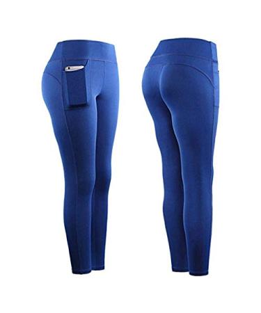 High Waist Yoga Capris for Women, Handyulong Women's Tummy Control Running Leggings with Pockets Workout Athletic Pants Small Blue