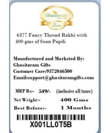 Ghasitaram Gifts Rakhi for Brother Rakhis Online - 6377 Fancy Thread Rakhi with 400 GMS of Soan Papdi - Buy Online on GoSupps.com