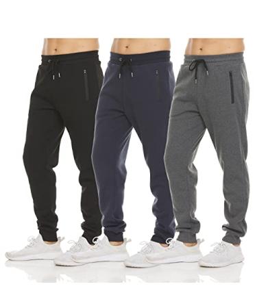 PURE CHAMP Mens 3 Pack Fleece Active Athletic Workout Jogger Sweatpants for Men with Zipper Pocket and Drawstring Size S-3XL X-Large Set 2