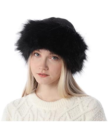 DAWFOLD Women's Faux Fur Hat Fluffy Warm Cap Cossack Russian Style for Winter Ski Snow Black