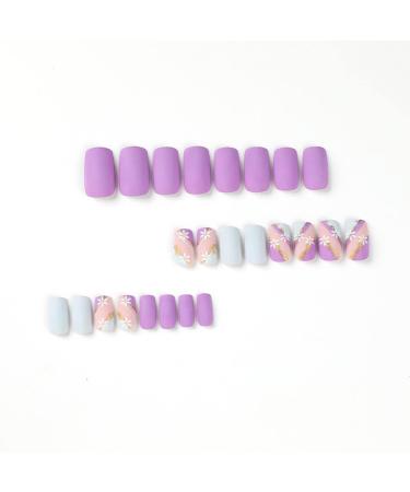 24 PCS Flower Press on Nails Matte Purple French False Nails Square Short Fake Nails Full Cover Stick on Nails for Women Girls Daily Wear Salon 08 - Buy Online on GoSupps.com