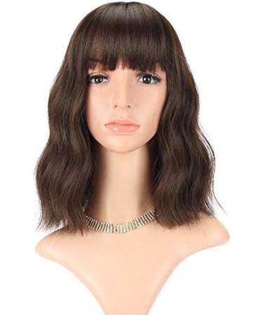 FAELBATY Short Bob Brown Wig with Air Bangs for Women - Curly Wavy Synthetic Cosplay Costume Wig in Natural Black/Dark Brown - 12 Inch - Buy Online on GoSupps.com