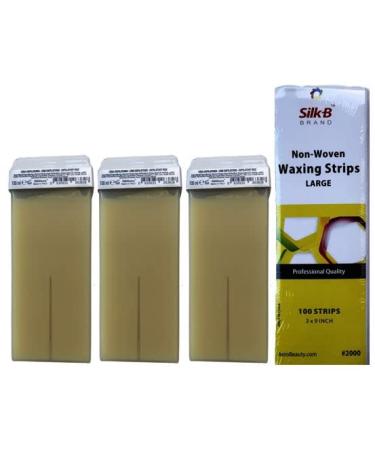 Waxing Kit Professional Roll On Banana Wax with Strips (4 Pack) Hair Removal Wax Cartridge Depilatory Wax Roller with 100 Non-Woven Waxing Strips