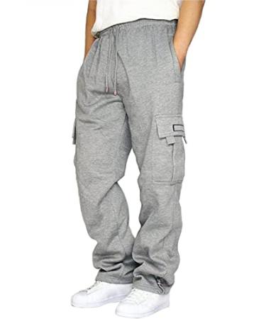 GYMBULLFIGHT Men's Athletic Sweatpants Loose Fit Pants Joggers for Men with Pockets, Open Bottom Drawstring Grey Large
