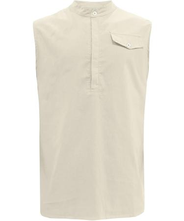 BEUU Men's Cotton Linen Sleeveless Henley V-Neck Vest - Khaki XL - Buy Online on GoSupps.com