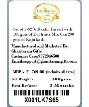 Ghasitaram Gifts Rakhis Online for Brother- Set of 2-6276 Rakhi Thread with 100 GMS of Dryfruits Mix Can 200 GMS of Kaju katli 2 Rakhi & 100g Dryfruits Mix Can 200g Kaju katli - Buy Online on GoSupps.com