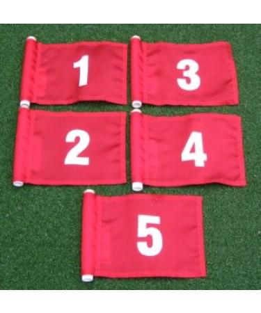 ShopTJB Set of White Numbered #1, 2, 3, 4, and #5 Each Printed on a Solid Red Jr. (8" L x 6" H) 400 Denier Pin Marker Flag for Golf & Putting Green Applications