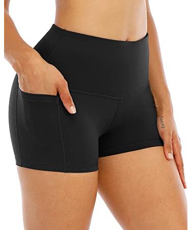 CHRLEISURE Spandex Yoga Shorts with Pockets for Women, High Waisted Workout Booty Shorts 3in Black Medium