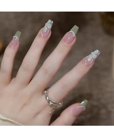 24 Pcs Flower Press on Nails: Long French Fake Nails with Exquisite Camellia Flowers & White Pearls Designs - Nude Green Glue on Nails for Women Manicure - Buy Online on GoSupps.com