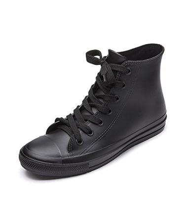 DKSUKO Women's Rain Boots Waterproof High Top Rain Shoes with Lace Up Anti-Slip Garden Shoes 9.5 Black
