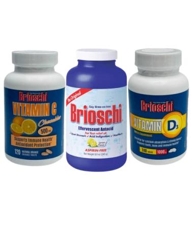 Brioschi Effervescent Antacid & Vitamins Bundle Original Effervescent Antacid 8.5 oz Vitamin C Chewable Tablets 120 Count Vitamin D3 240 Count (Pack of 1)