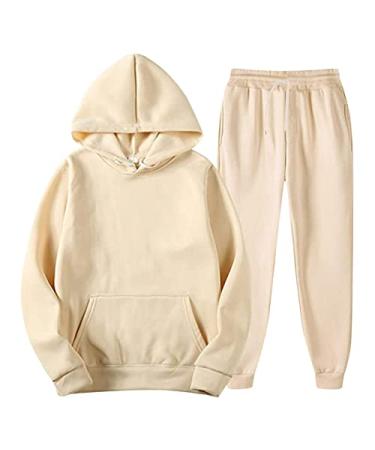 Sweatsuits Sweatshirts Sweatpants for Men Winter Fleece Tracksuits Athletics Workout Set Hoodies Running Trousers Beige XX-Large