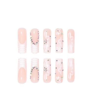 Long Square Press on Nails - French White Acrylic Fake Nails with Shiny Rhinestones - 24PCS Full Cover Stick-On Nails for Women & Girls - Buy Online on GoSupps.com