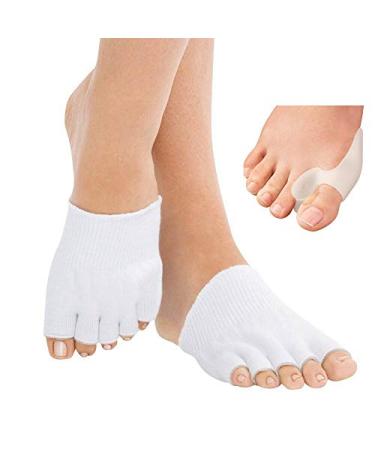 MojaSports Gel-Lined Toe Alignment Comfy Socks (5 Pair Socks & Big Toe Protector) Toes Separator Spacer Yoga Gym Pedicure (White, Medium)