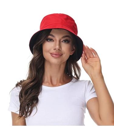 Women Reversible Bucket Hat Summer Beach hat Outdoor Cap Black-red