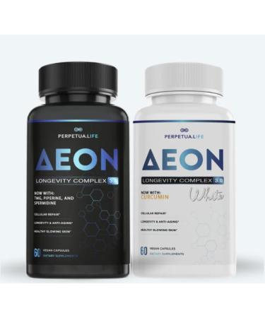 PERPETUA.LIFE AEON Black & White Longevity Complex Bundle with NAD+ Curcumin Resveratrol Astaxanthin Fisetin Quercetin AKG Apigenin Glycine Anti-Aging Supplement Vegan 1-Month Supply