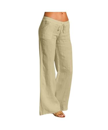 Wide Leg Pants for Women Women Cotton Linen Long Lounge Pants High Waist Drawstring Loose Fit Casual Trousers X-Large A1-beige