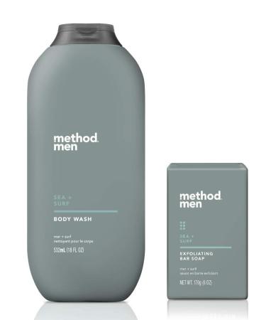 Method Men's - Sea + Surf Body Wash 18 Ounce & Sea + Surf Exfoliating Bar Soap  6 oz - Set of 2