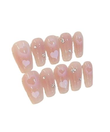 Handmade peach pink jelly press on nails long full cover ballet fake nails with glue detachable stick on nails short tips (Color : 2 Size : M)