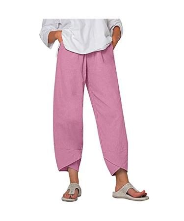 Lovely Nursling Summer Pants for Women Casual Pockets Cotton Linen Wide Leg Drawstring Elastic Waist Capris Crop Pants XX-Large 001-pink