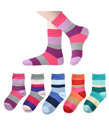 Marchare Girls Seamless Crew Cotton Socks Kids Casual Socks School Socks Rainbow Stripes 5 Pack 9-12 Years Rainbow Stripes_mix_b