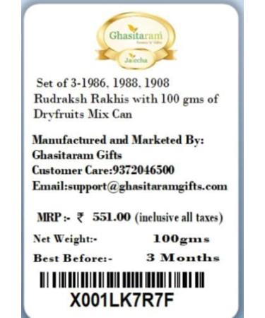 Ghasitaram Gifts Rakhi for Brother Rakhis Online - Set of 3-1986 1988 1908 Rudraksh Rakhis with 100 GMS of Dryfruits Mix Can - Buy Online on GoSupps.com