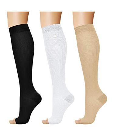 Acture 15-20 mmHg Compression Socks for Men and Women Open Toe Best for Running Athletic Medical Pregnancy Travel Black/White/Nude Large-X-Large