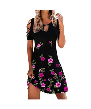 BOXIACEY Womens Dresses Casual Short Sleeve Nipped Waist Slim Summer Dress Floral Print Sexy Hollow Cold Shoulder Swing Dress Large 05-purple
