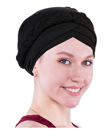 Chemo Cancer Head Hat Cap Ethnic Bohemia Pre-Tied Twisted Braid Hair Cover Wrap Turban Headwear A Black