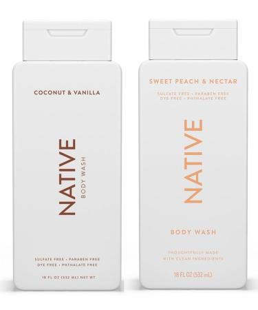Energizing Essentials 1852 Bundle | Native Body Wash 2-Pack: Coconut & Vanilla + Sweet Peach & Nectar (18 fl oz each)