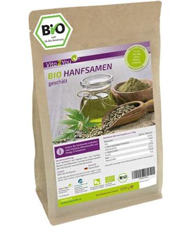 Vita2You organic hemp seeds peeled 1kg - German cultivation - 100% raw food quality in a zip bag - 1000g - premium quality