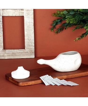 Ancient Impex Ceramic Neti Pot Without Handle Easy Grip for Sinus Treatment with 5 Sachets Neti Salt - Matte Ivory Color Holds 300 Ml (10.14 Fl Oz) Capacity - Buy Online on GoSupps.com