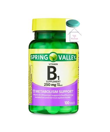 Spring Valley Vitamin B1 Tablets Dietary Supplement 250 mg 100 Count + 1 Mini Pill Container (Color Varies)