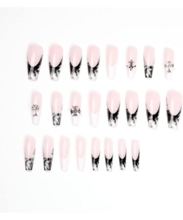 French Tip Press on Nails - Long Press On Nails with Nail Tips Black and white halo dyed cross design fake nailspress on nails Acrylic False Nails Cute Artificial Nails - Buy Online on GoSupps.com