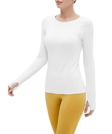 GRAJTCIN Long Sleeve Gym Yoga Tops Athletic Sports Running Shirt Breathable Seamless Workout Shirts for Women Slim Fit Medium White