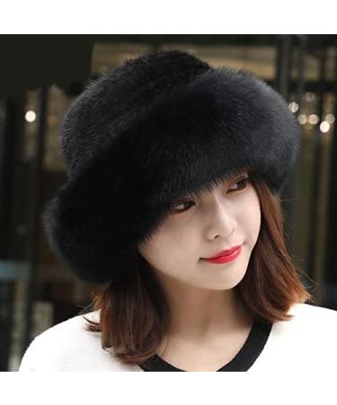 Womens Winter Fur Hat - Adjustable Elastic Soft Fluffy Trimmed Warm Knitted Beanie in Black - Buy Online on GoSupps.com