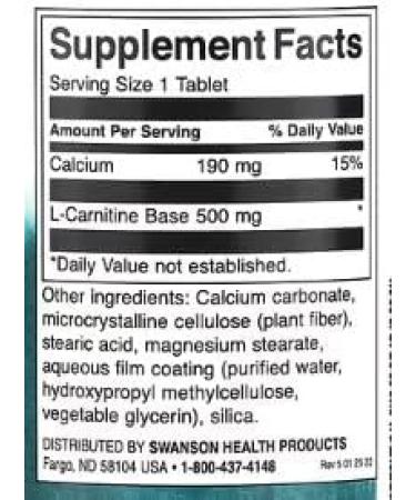 Swanson L-Carnitine 500mg - 100 tabs | Energy and Fat Burner Tablets Natural Supplement for Metabolism and Performance - Buy Online on GoSupps.com