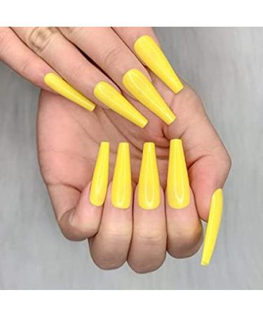 Brishow Coffin False Nails Long Fake Nails Pure Color Ballerina Stick on Nails Full Cover Acrylic Press on Nails for Women and Girls (Yellow)