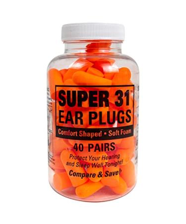Super 31 Ultra Soft Foam Earplugs 40 Pair - 32 db Noise Reduction Earplugs - Comfortable Noise Canceling for Travel  Studying  Sleeping  Snoring  Shooting  Concerts  Work  Construction