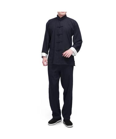 Men's Linen Kung Fu Suit Traditional Chinese Martial Art Uniform Long Sleeve Mandarin Jacket Pants Tai Chi Set Black Large