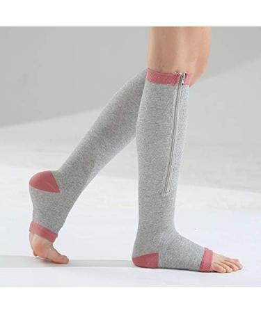 Huante Compression Stockings - Zippered Knee Support Socks | Open Toe Prevent Varicose Veins | Gray-Pink L/XL - Multicolored Stretch Wear for Comfort - Buy Online on GoSupps.com