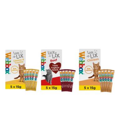 Variety Pack of Lik-e-Lix Yoghurty Treat with Cheese & Taurine- Beef- Chicken 5 x 15g Sachets (Pack of 3)