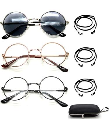 Round Oval Circle Shape Metal Reading Glasses Sun Readers (3PACK) for Men Women