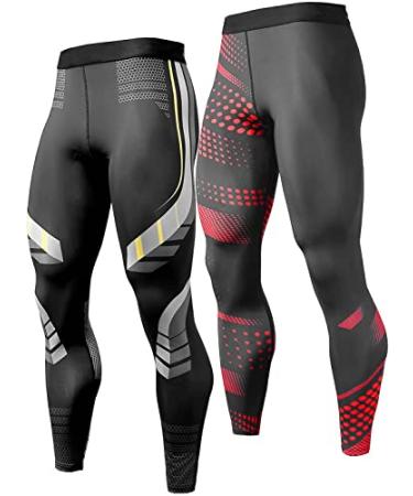 CANGHPGIN Men's Compression Pants Sports Tights for Men Gym Running Baselayer Cool Dry Workout Athletic Leggings 2 Pack (Red&yellow-stripe) Small