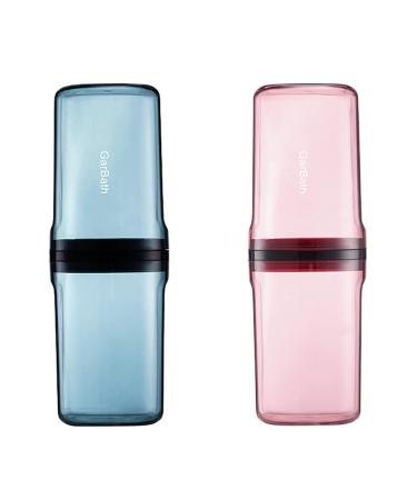 2pcs Travel Toothbrush Toothpaste Case with Cup Portable Business Trips Wash Cup Holder Organizer for Trips and Daily Use (Bule+Pink)