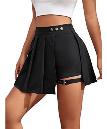 WDIRARA Women's High Waist Pleated Button Skort Asymmetrical Skirt Shorts Medium Black Plain