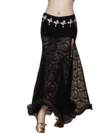 ZLTdream Retro Jacquard Lace Belly Dance Slit Skirt with Comfort Underwear Safety Pants Medium Black