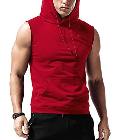Babioboa Men's Workout Hooded Tank Tops Sleeveless Gym Hoodies Bodybuilding Muscle Cut Off T-Shirts Cherry Red X-Large