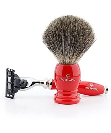 Jag Shaving 3-edge razor and badger hair shaving brush with red handle for men's shaving